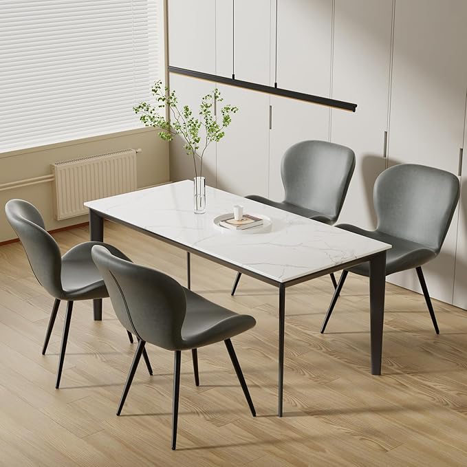 Nalupatio Dining Chairs Set of 6, Modern Dining Room Chairs Comfy Backrest Thick Upholstered Kitchen Chairs 19IN Height with Metal Legs Grey（Pu Leather）