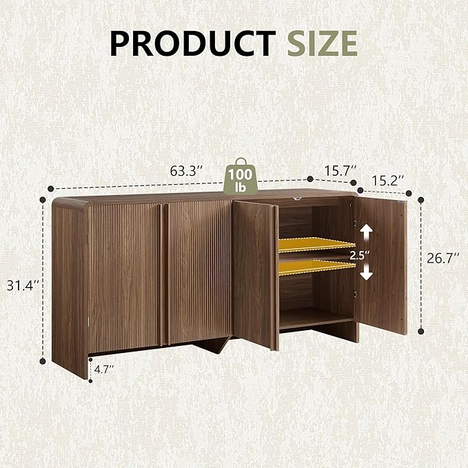 AMERLIFE 63" Fluted TV Stand Media Console Cabinet with Storage, Modern Credenza Entertainment Center with 4 Doors & Adjustable Shelves, Wood Coffee Bar for Living Room, Hallway, Brown