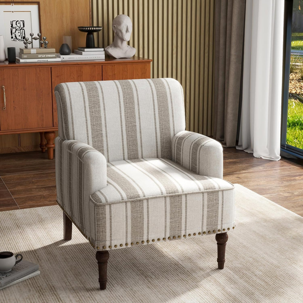 Stripe Accent Chair, Fabric Upholstered Armchair Modern Nailhead Trim Club Ar...
