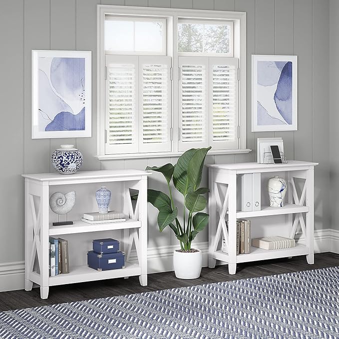 Bush Furniture Key West Small 2 Shelf Bookcase in Pure White Oak, Compact Home Organizer, Vertical Storage Solution, Bookshelf for Office or Living Room
