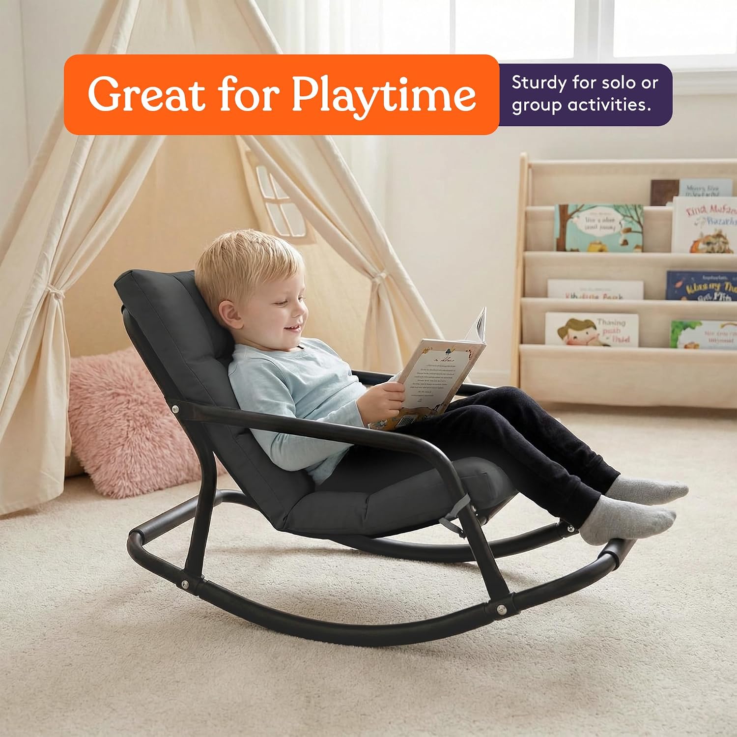 Special Supplies Sensory Tufted Rocking Chair for Kids - Comfortable Kids Rocker- Versatile Floor Chair with Soft Fabric and Stability for Playroom, Bedroom, or Nursery (Ages 3+) - Charcoal