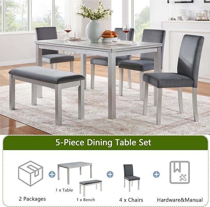 KEIKI 6-Piece Standard Height Dining Table Set with Rectangular Table, 4 Upholstered Chair, Bench, for 6 Person, Crystal Decoration Table Set, Easy Assembly, for Kitchen, Dining Room, Silver Grey