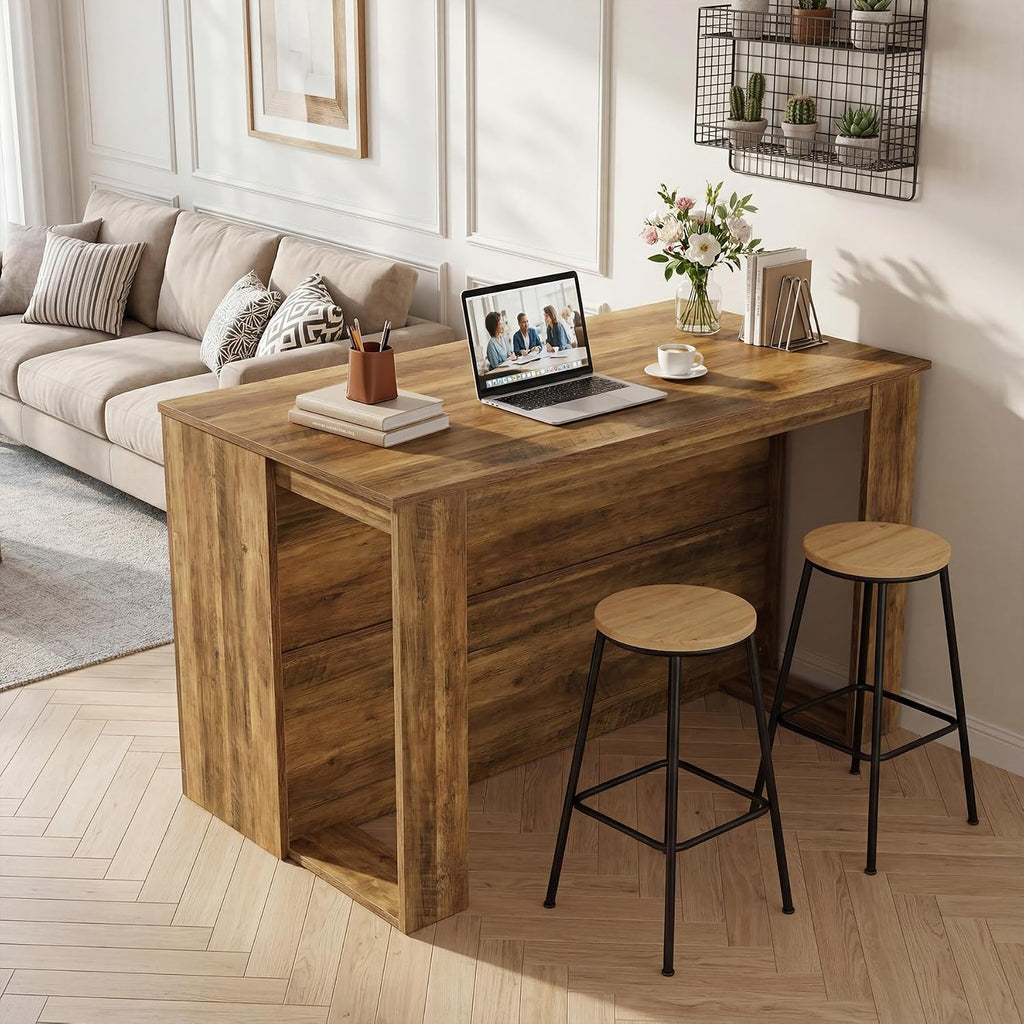 Tribesigns Kitchen Island with Storage, 55-in Counter Height Stationary Kitchen Table with 2-Tier Shelves & Large Worktop, Wooden Coffee Bar Table for Dining Room, Rustic Brown