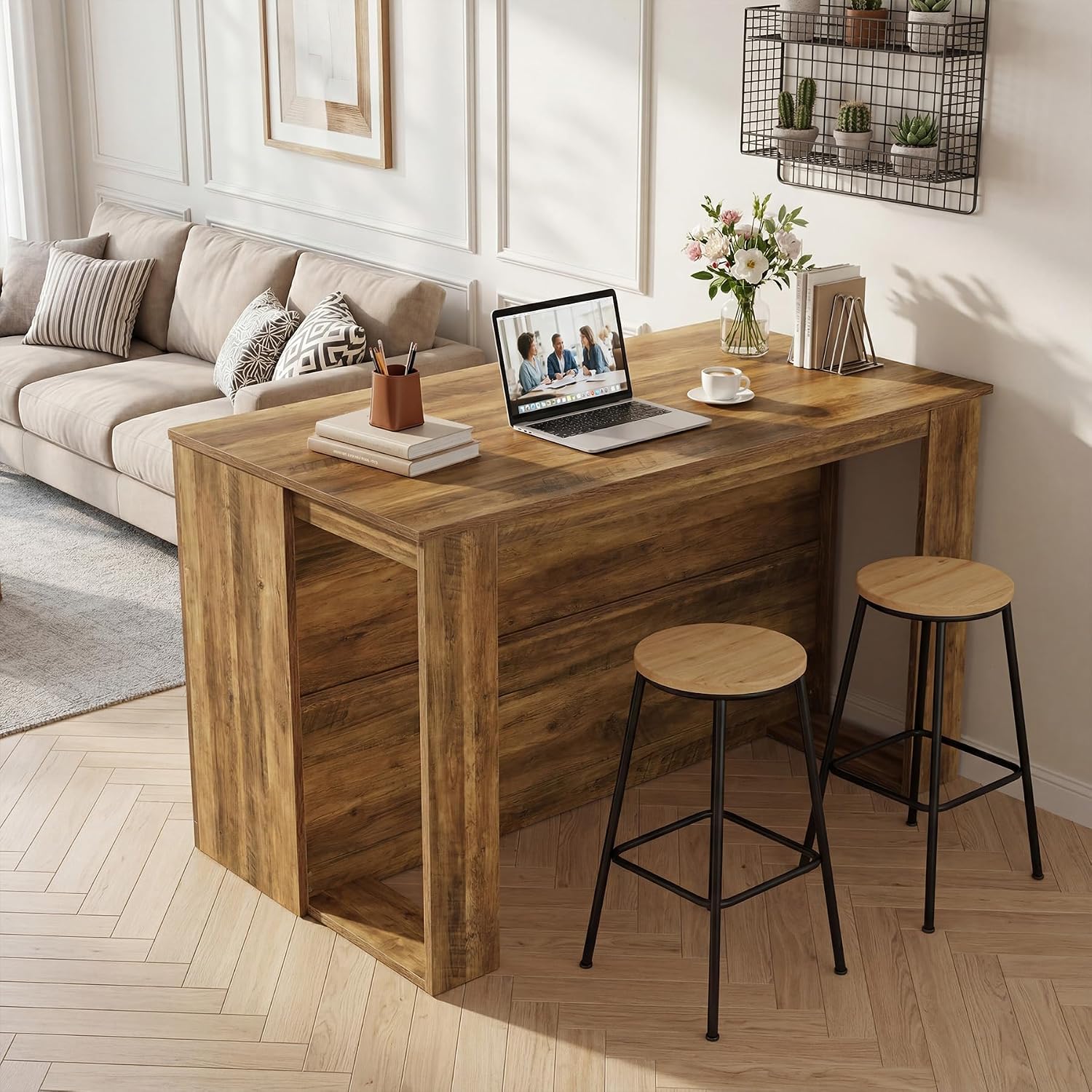 Tribesigns Kitchen Island with Storage, 55-in Counter Height Stationary Kitchen Table with 2-Tier Shelves & Large Worktop, Wooden Coffee Bar Table for Dining Room, Rustic Brown