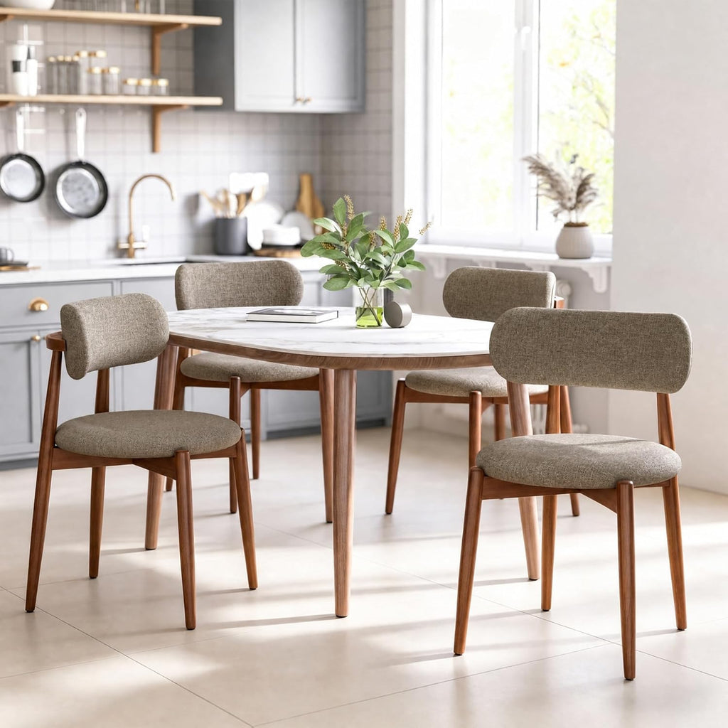 Wooden Dining Chairs Set of 4, Mid Century Modern Upholstered Kitchen Chairs with Solid Wood Legs, 350lb Heavy Duty Padded Side Chairs for Dining Room & Vanity, Camel