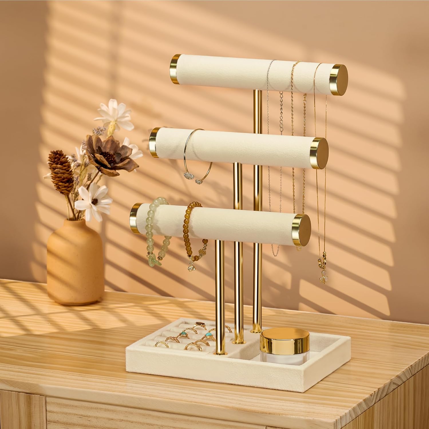 3 Tier Bracelet Holder Display - Detachable T Bar Beige Velvet Bracelet Holder, Jewelry Holder Organizer for Bracelet, Necklace, Watches, Rings