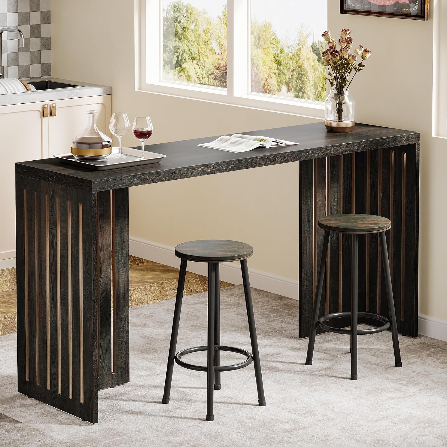 Tribesigns 63-Inch Bar Table with Louvered Base, Black Brown | Industrial Style, Rectangular High Top Table, For Kitchen, Dining, Narrow Space