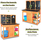Outdoor Garden Potting Bench, Horticultural Wooden Workstation Table with Storage Drawer, Cabinet, Metal Pegboard, Adjustable Hooks and Shelves for Backyard, Patio, Greenhouse