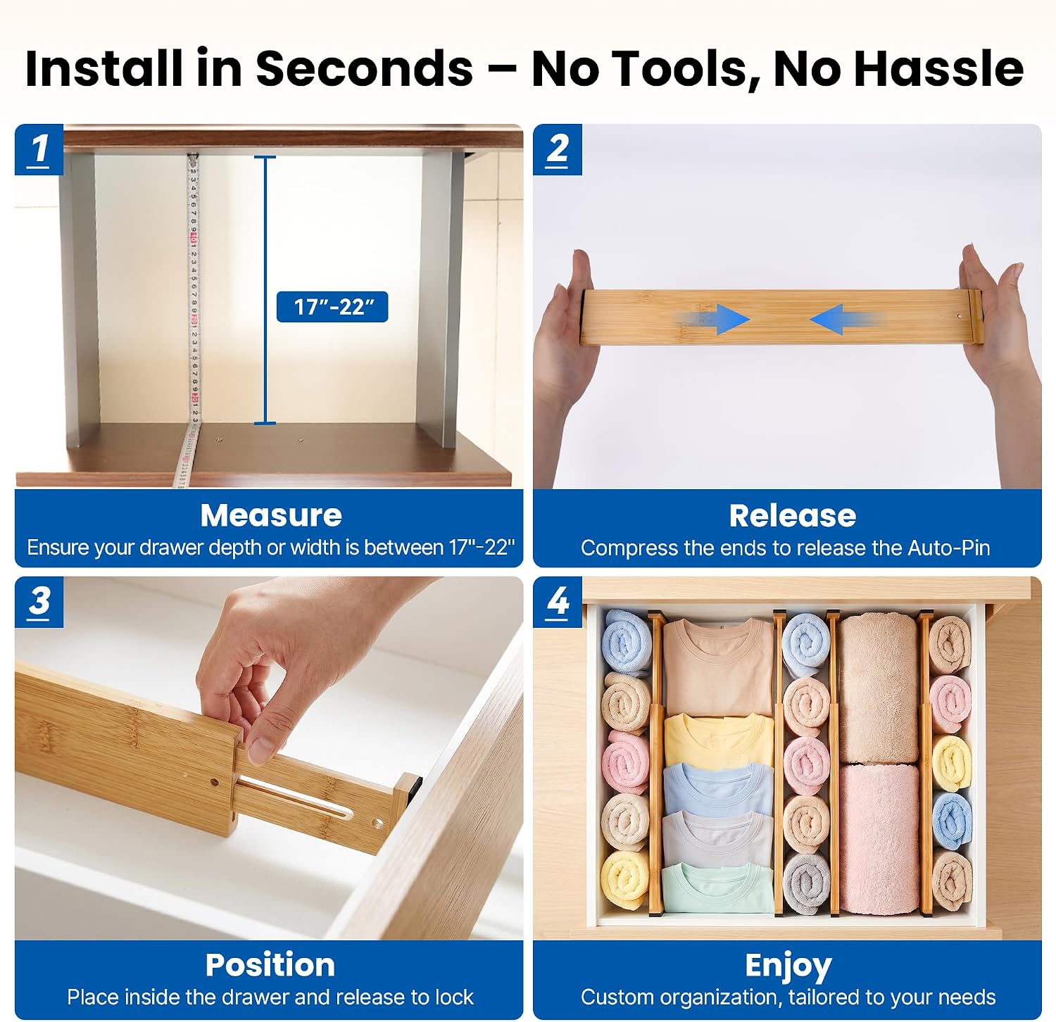 4 Pack 2.36" Bamboo Drawer Dividers, 17-22" Expandable Kitchen Organizers | Adjustable Spring-Loaded Tension Separators with Foam Pad for Clothes, Utensils, Kitchen, Dresser, Nursery & Bathroom