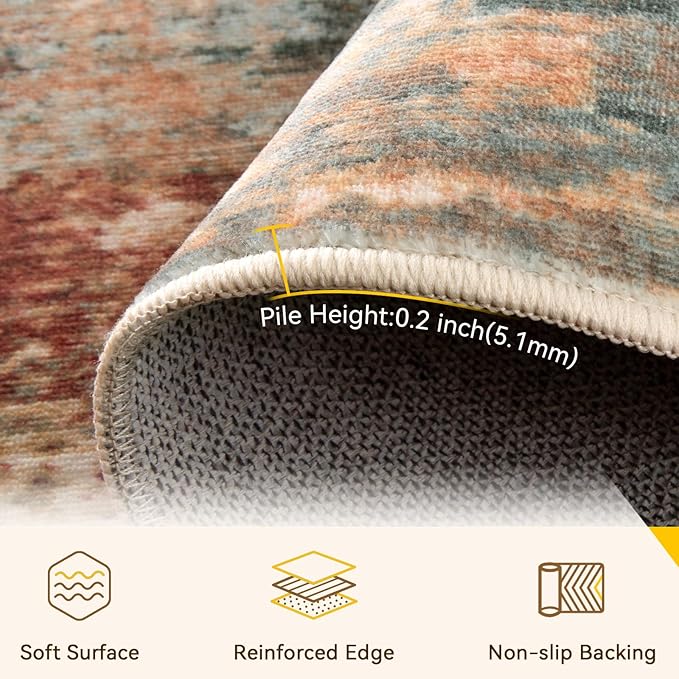 Washable Area Rugs 2'x8' Non-Slip Modern Abstract Soft for Living Room Entryway Bedroom Nursery, Print Pattern, Brown Rust Red Multi