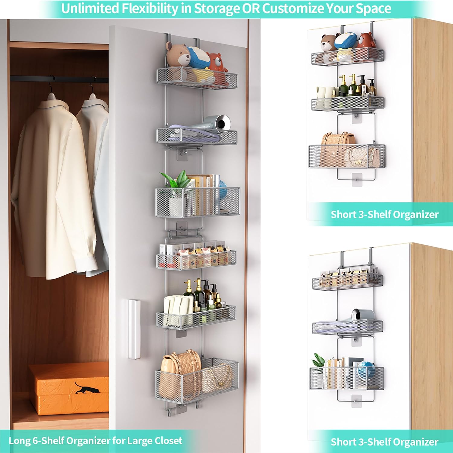 HapiRm Over Door Organizer Storage - Separable Door Organizer Hanging with 6 Metal Large Capacity Baskets for Bathroom Bedroom Kitchen Pantry Closet (Grey)