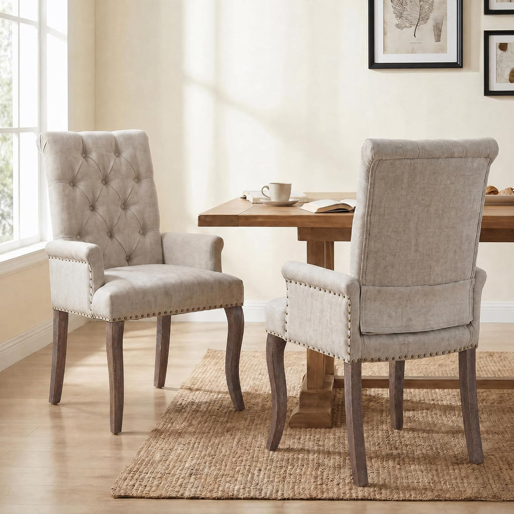 Upholstered Dining Chairs with Arms Set of 2, Greyish Beige, 2 Pack