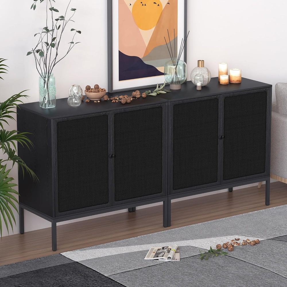 XIAO WEI Farmhouse Boho Sideboard Buffet Cabinet with Black Rattan Doors, 31....