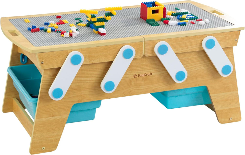 KidKraft Building Bricks Play N Store Wooden Table with 200+ Bricks, 3 Bins