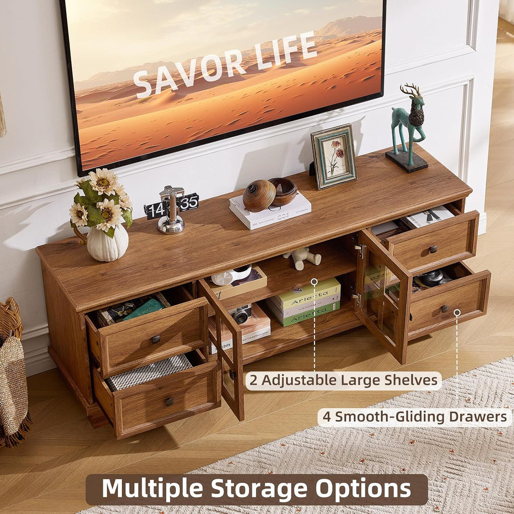 Farmhouse TV Stands for Living Room, Brown | Heavy-Duty Rustic Entertainment Center with 4 Drawers & Thickened Top & Square Wooden Legs for 65 Inch TV