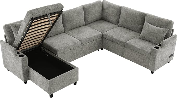 Eafurn Oversized U Shaped Sectional Sleeper Sofabed Pull Out Couch Bed for Living Room 6 Seater Upholstered Convertible Pullout Lounge Sofa Couch w/Storage Chaise, USB Ports for Living Room Apartment