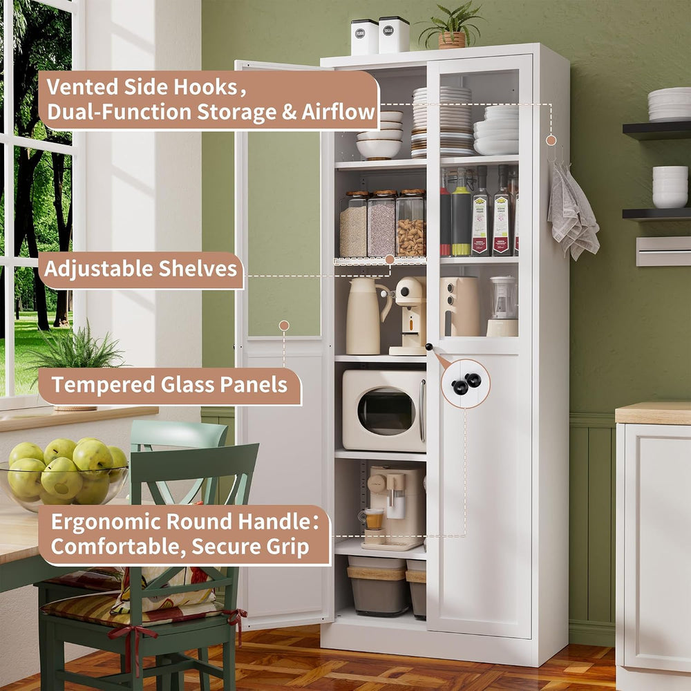 Storage Pantry Buffet Cabinet - 72" White Metal Tall Heavy-Duty Adjustab...