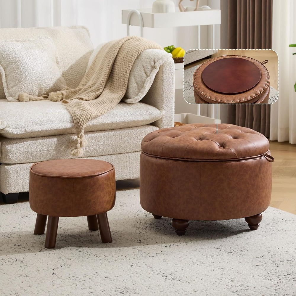 24Inch Round Storage Ottoman, Set of 2, Modern PU Leather Coffee Table with R...
