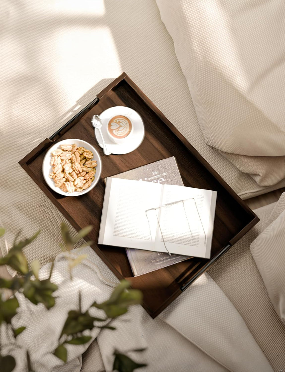 TIDITA 20"x14" Wooden Large Serving Tray, Walnut Color, Metal Handles