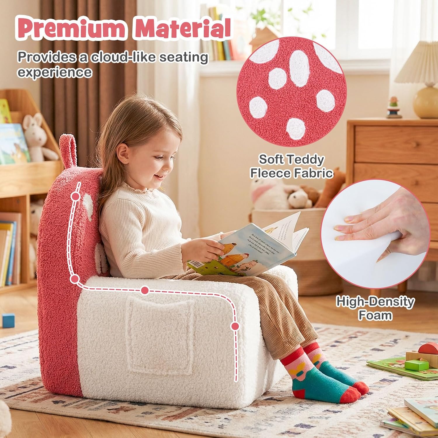 Costzon Kids Couch, Comfy Toddler Soft Sofa Chair with Fleece Fabric Cover, Kids Furniture for Playroom, Children Reading Armchair for Boys & Girls Gifts Aged 3+ (Medial,Red Mushroom)