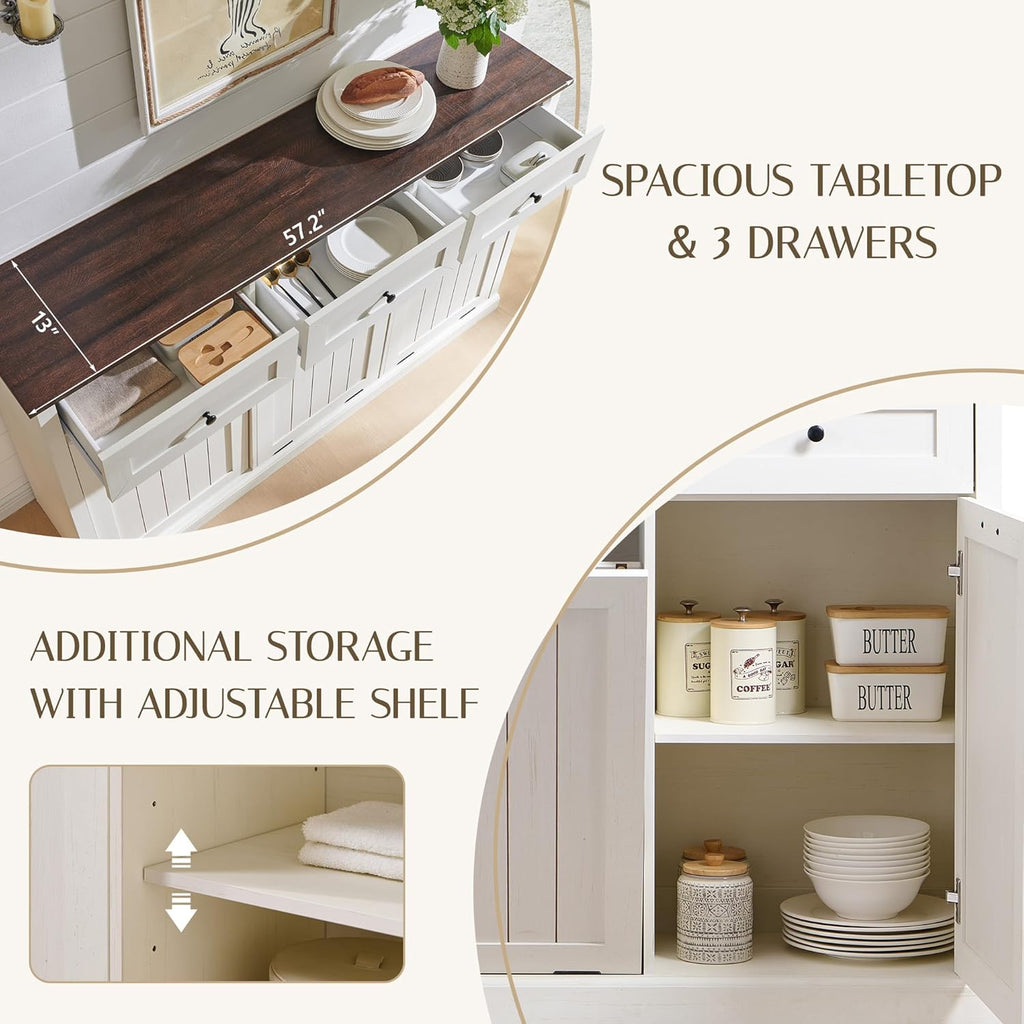 Triple Tilt Out Trash Can Cabinet, 20 Gallon Farmhouse Laundry Hamper Cabinet w/3 Drawers & Adjustable Shelf, Hidden Wooden Trash Can Cabinets with Storage Basket for Kitchen (Antique White)