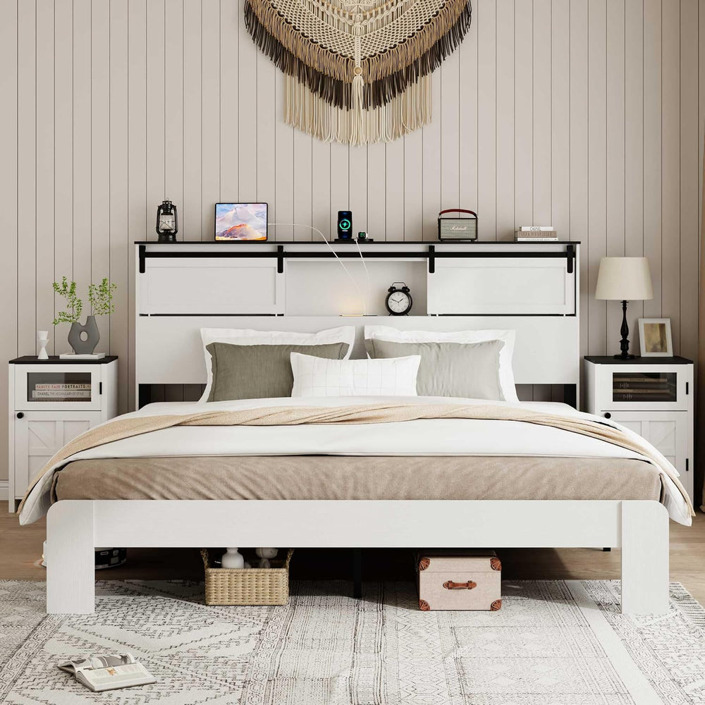 Peanu King Bed Frame, Charging Station, White Metal Storage Headboard