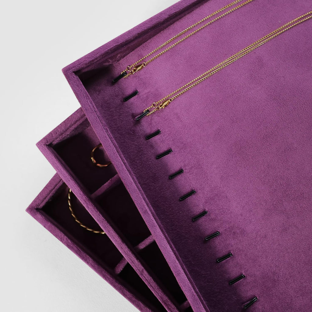 Velvet Jewelry Display Tray For Bracelet Pendant Necklace, Multi-Slot Stackable Storage Tray For Long Chain Jewelries, Drawer Insert Jewelry Organizer (Purple)