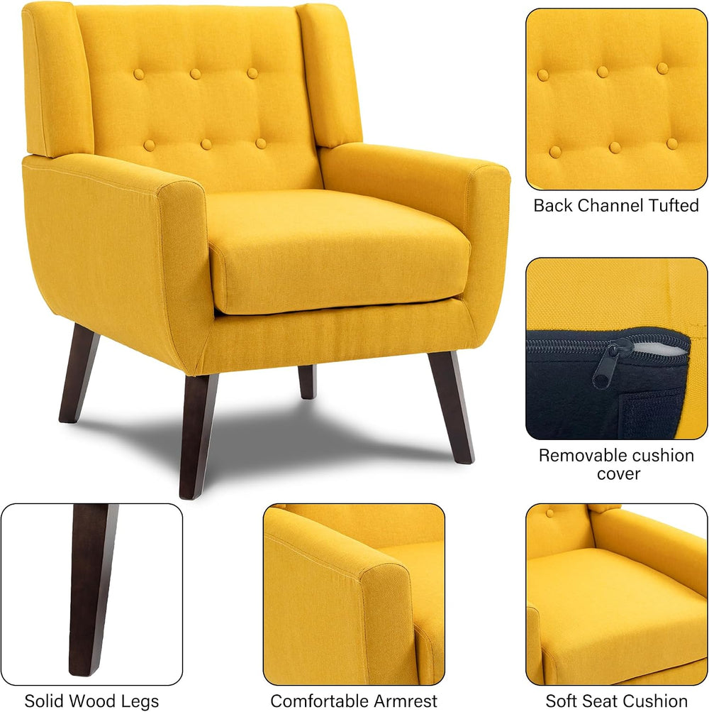 Mid Century Modern Button Tufted Yellow Set of 2 Accent Armchair for Living Room