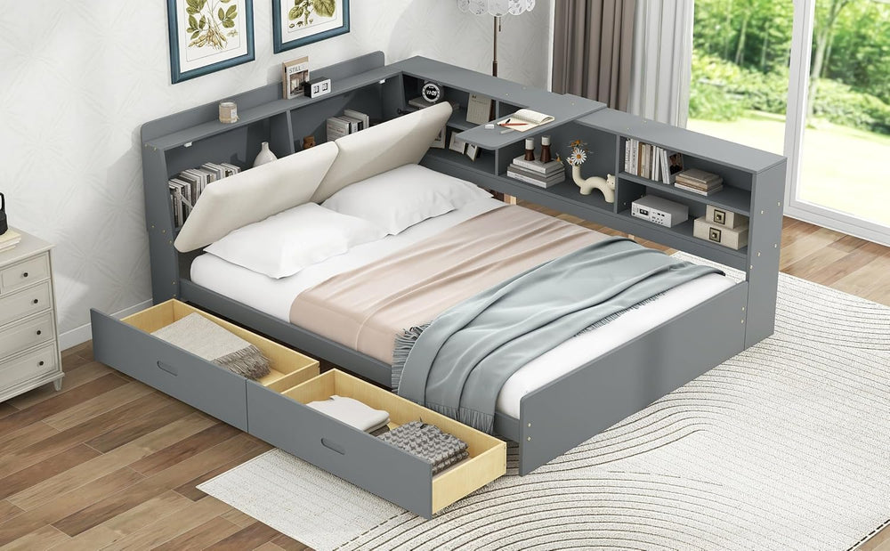 Peanu Full Bed Frame, Storage Headboard, Gray Upholstered Wood