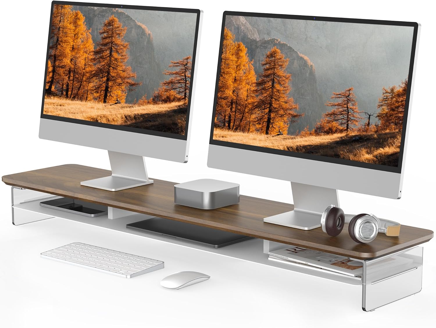 Fenge Acrylic Monitor Stand Riser, 42.5 Inches Dual Monitor Stand with Metal Storage, 2 Tier Acrylic Computer Riser for Desk, Clear Laptop Stand for PC, Laptop, Printer, TV, Brown