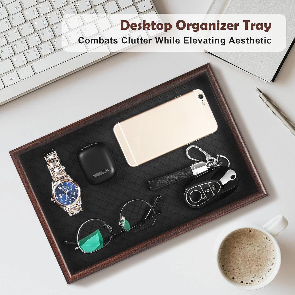 Wooden Valet Tray with Leather Base - Nightstand Catchall Organizer for Cologne, Perfume, Keys, Wallet, Phone, Watch, Jewelry & Sunglasses (Black)