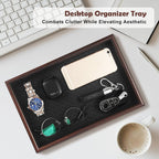 Wooden Valet Tray with Leather Base - Nightstand Catchall Organizer for Cologne, Perfume, Keys, Wallet, Phone, Watch, Jewelry & Sunglasses (Black)