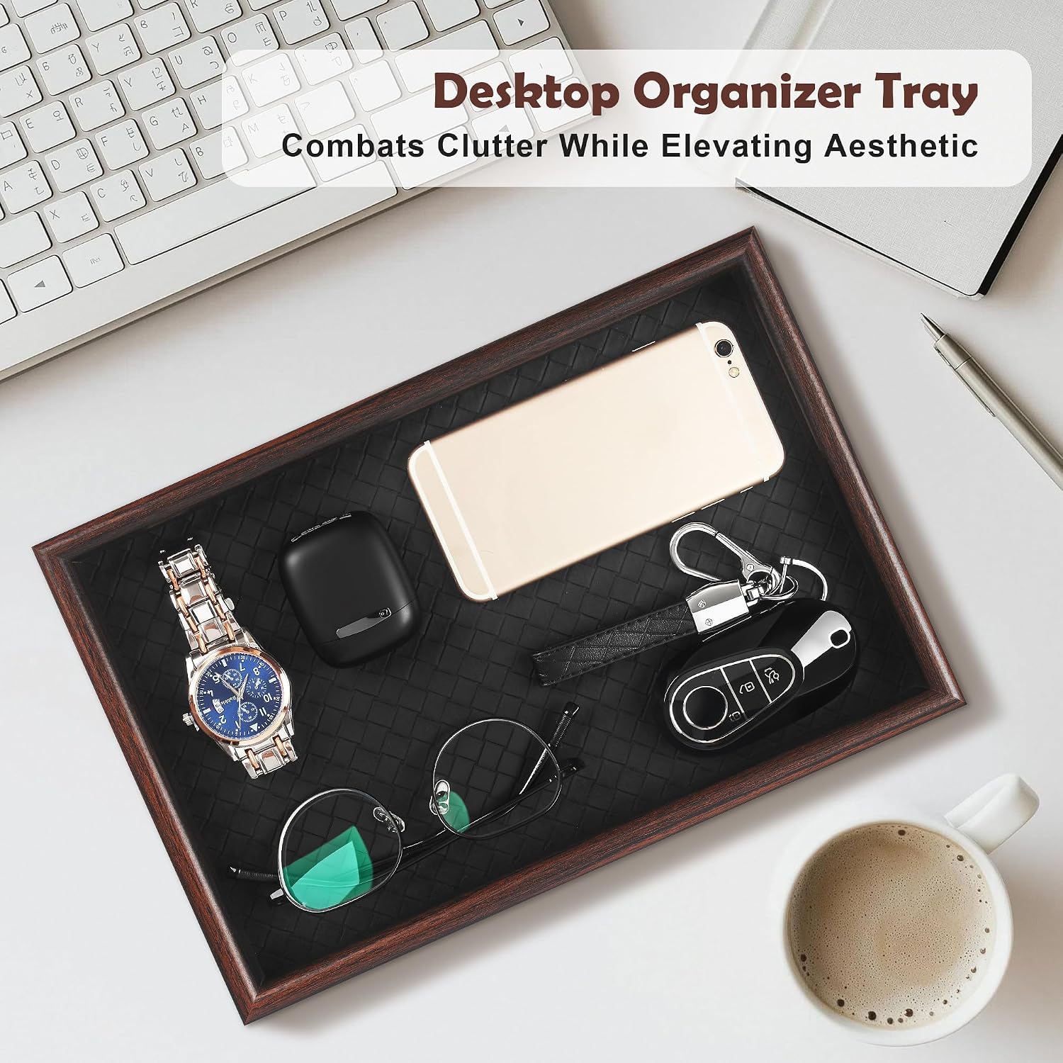 Wooden Valet Tray with Leather Base - Nightstand Catchall Organizer for Cologne, Perfume, Keys, Wallet, Phone, Watch, Jewelry & Sunglasses (Black)