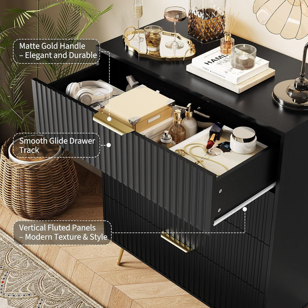 Garvee Fluted Dresser for Bedroom with 4 Drawers,32" Wide Modern Chest of Wooden Bedroom Chest with Metal Handle,Wide Clothes Storage Organizer,Closet Dresser & TV Stand for Living Room,Hallway,Black