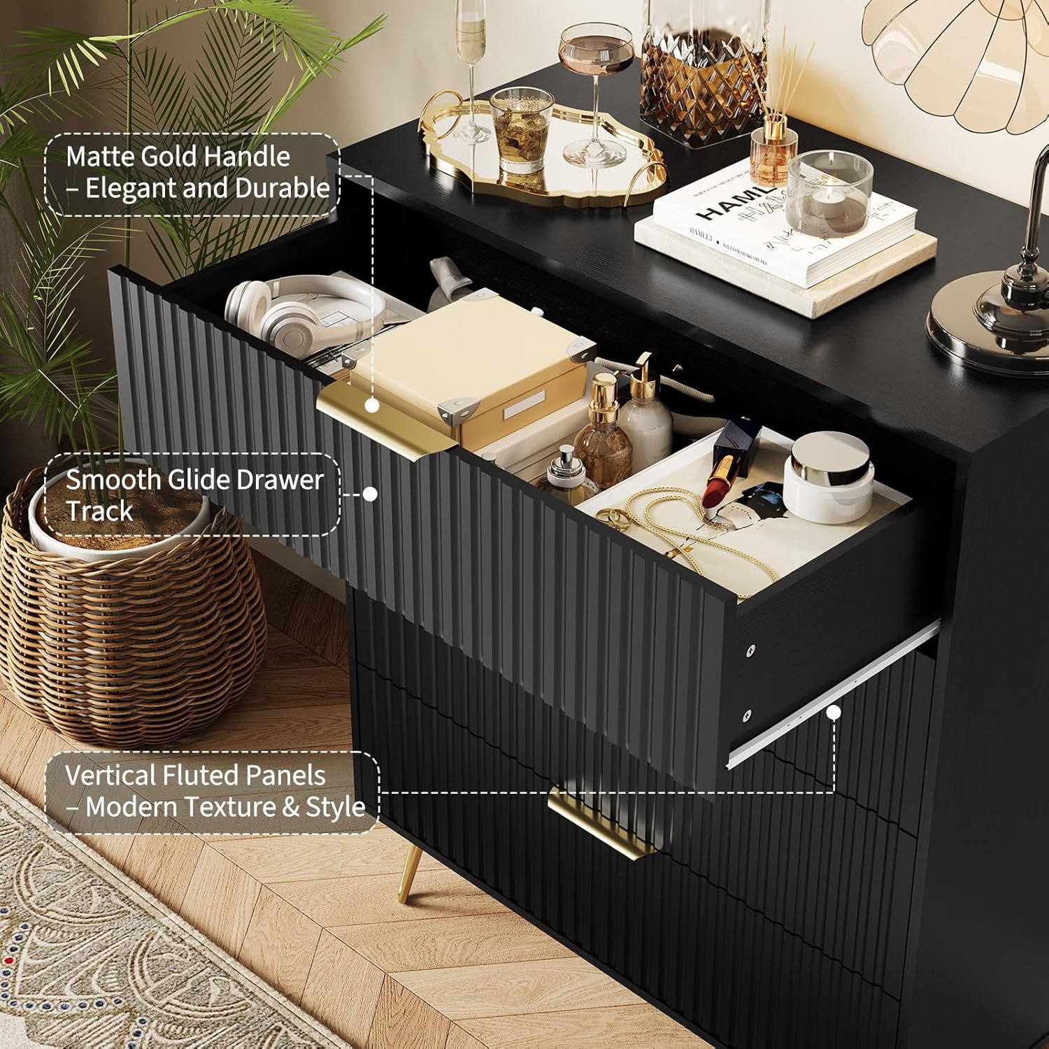 Garvee Fluted Dresser for Bedroom with 4 Drawers,32" Wide Modern Chest of Wooden Bedroom Chest with Metal Handle,Wide Clothes Storage Organizer,Closet Dresser & TV Stand for Living Room,Hallway,Black