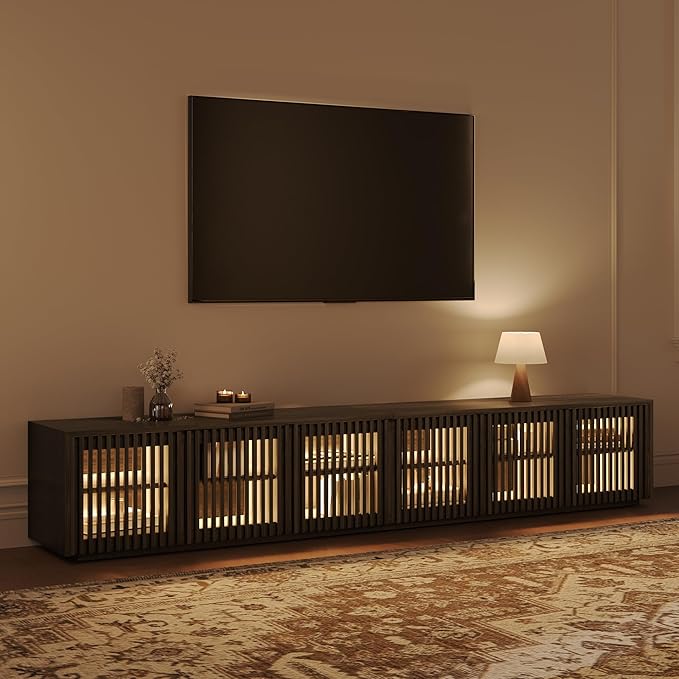 POVISON Mid Century Modern Wood Slatted TV Stand with LED Lights, Media Console for 85+ Inch TV, Entertainment Center with Storage Cabinet for Living Room, Fully-Assembled (Black, 94.5")