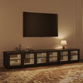 POVISON Mid Century Modern Wood Slatted TV Stand with LED Lights, Media Console for 85+ Inch TV, Entertainment Center with Storage Cabinet for Living Room, Fully-Assembled (Black, 94.5")
