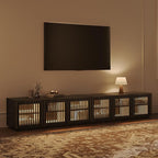 POVISON Mid Century Modern Wood Slatted TV Stand with LED Lights, Media Console for 85+ Inch TV, Entertainment Center with Storage Cabinet for Living Room, Fully-Assembled (Black, 94.5")