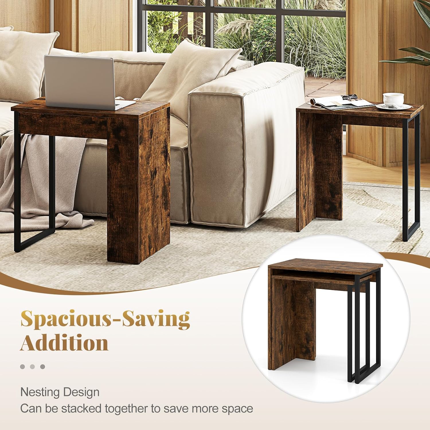 Giantex Nesting Coffee Table Set of 2, Rectangular Stackable Side Tables with Sturdy Metal Frames, Modern Nesting End Tables for Living Room, Bedroom, Rustic Brown