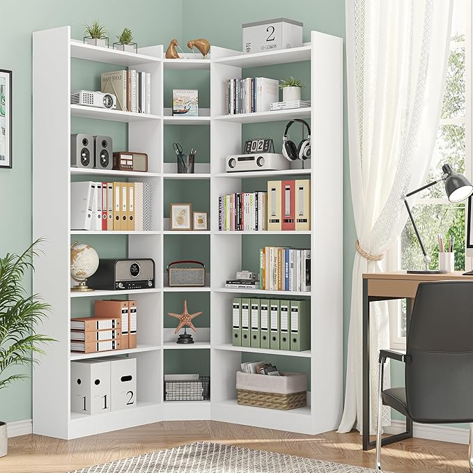 70.8" Tall Corner Bookshelf and Bookcases, 7 Tiers Morden Large Etagere Bookcases Storage Display Rack with Baffle, Industrial L Shaped Bookshelves for Bedroom, Home Office, Living Room, White