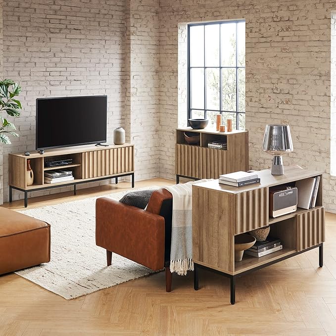 mopio Norwin Storage Cabinet, Sturdy Modern Rustic Industrial Buffet Sideboard, Fluted Accent Storage Cabinets, Credenza, Oak Wood TV Stand, Entertainment Center, Media Console, Living Room (Single)