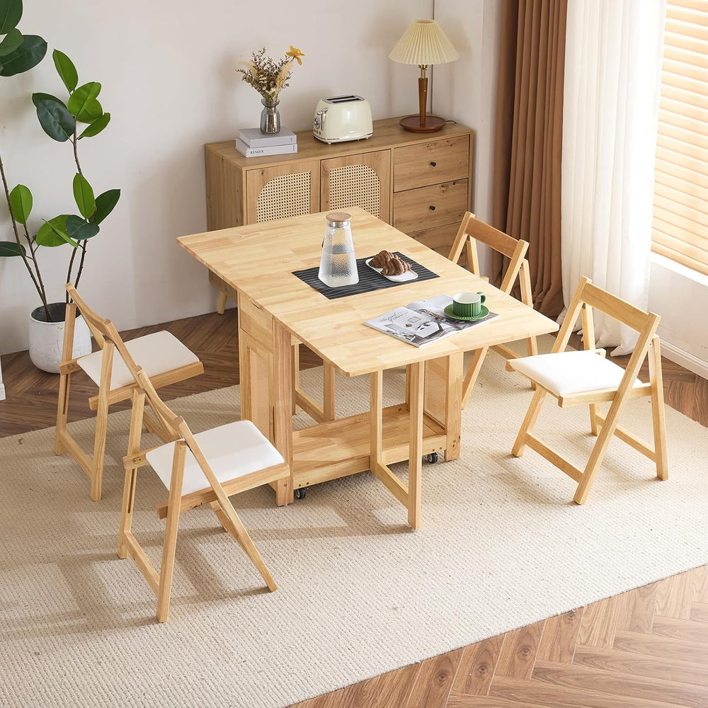 VINGLI 5-Piece Folding Dining Table Set, Extendable Drop Leaf Solid Wood Tabl...