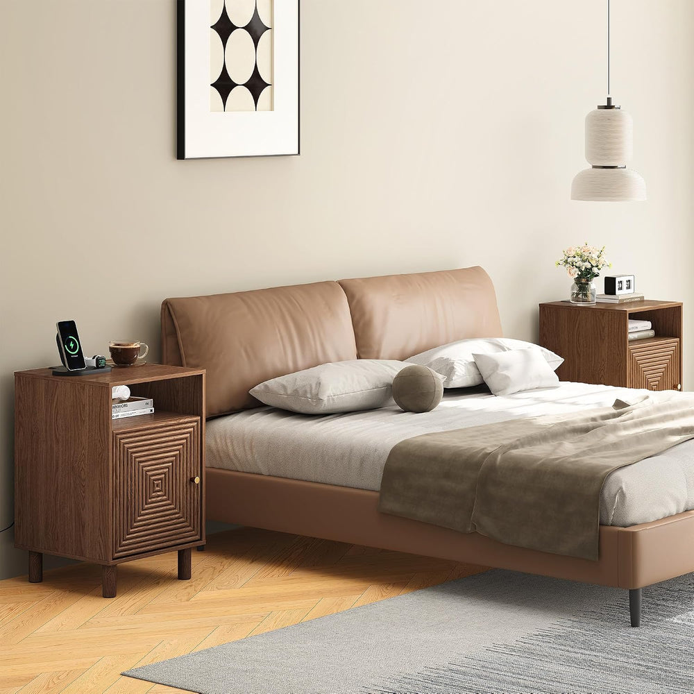 RoyalCraft Walnut Nightstand Set of 2, Night Stand with Charging Station | Mi...