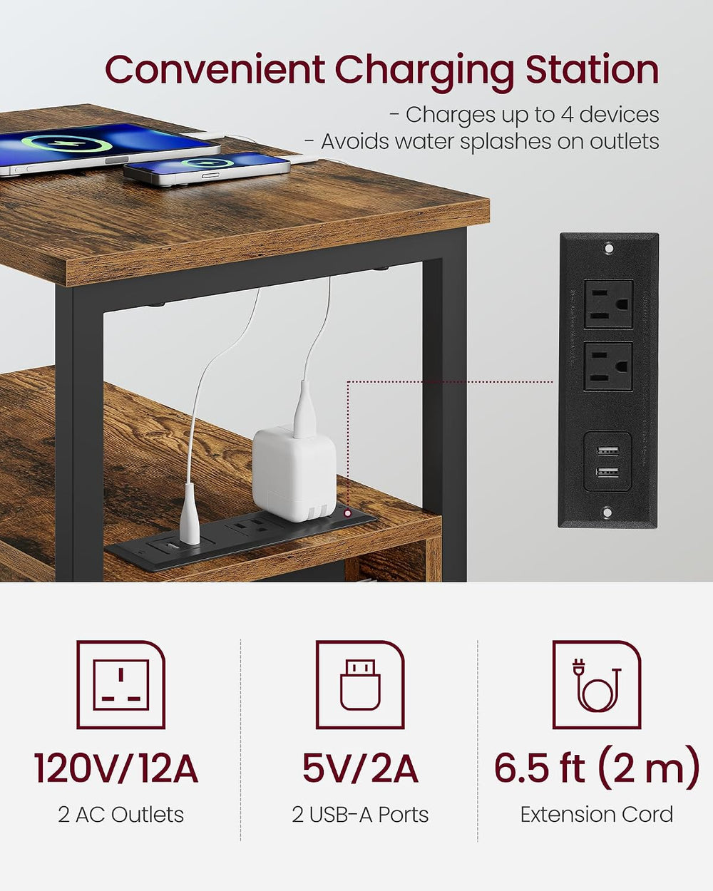VASAGLE Side End Table with Charging Station, Slim Nightstand with 2 Drawers,...