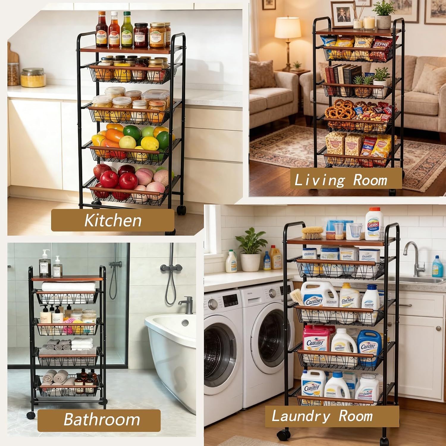 SWEETBLOOM Fruit Vegetable Storage Cart for Kitchen, 5-Tier Vegetable Stand Rack with Pull-Out Fruit Baskets, Rolling Snack Cart with Wood Top for Pantry, Living Room, Bathroom