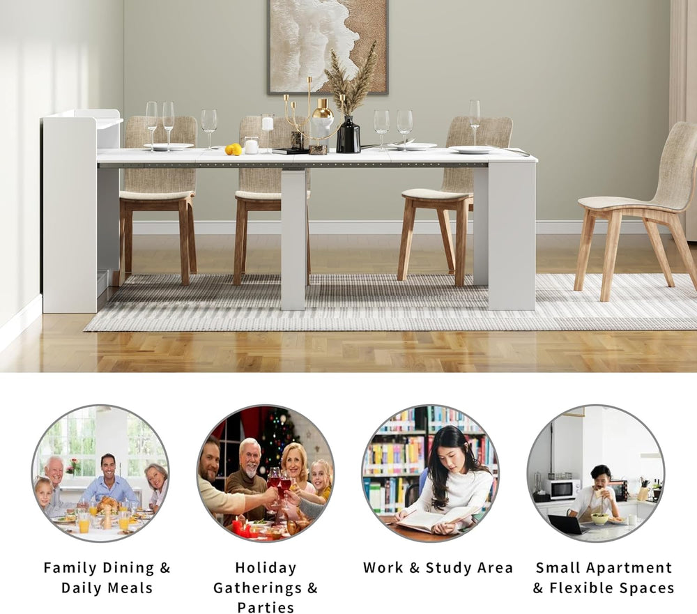 Transformer Extendable Dining Table for 2-10 People with storage, White | Exp...
