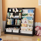 Black Kids Bookshelf Wood Toy Storage Organizer Cabinet Children Bookcase Toddler Baby Sling Book Rack Adjustable Shelf for Playroom Bedroom Nursery Hallway School Kindergarten