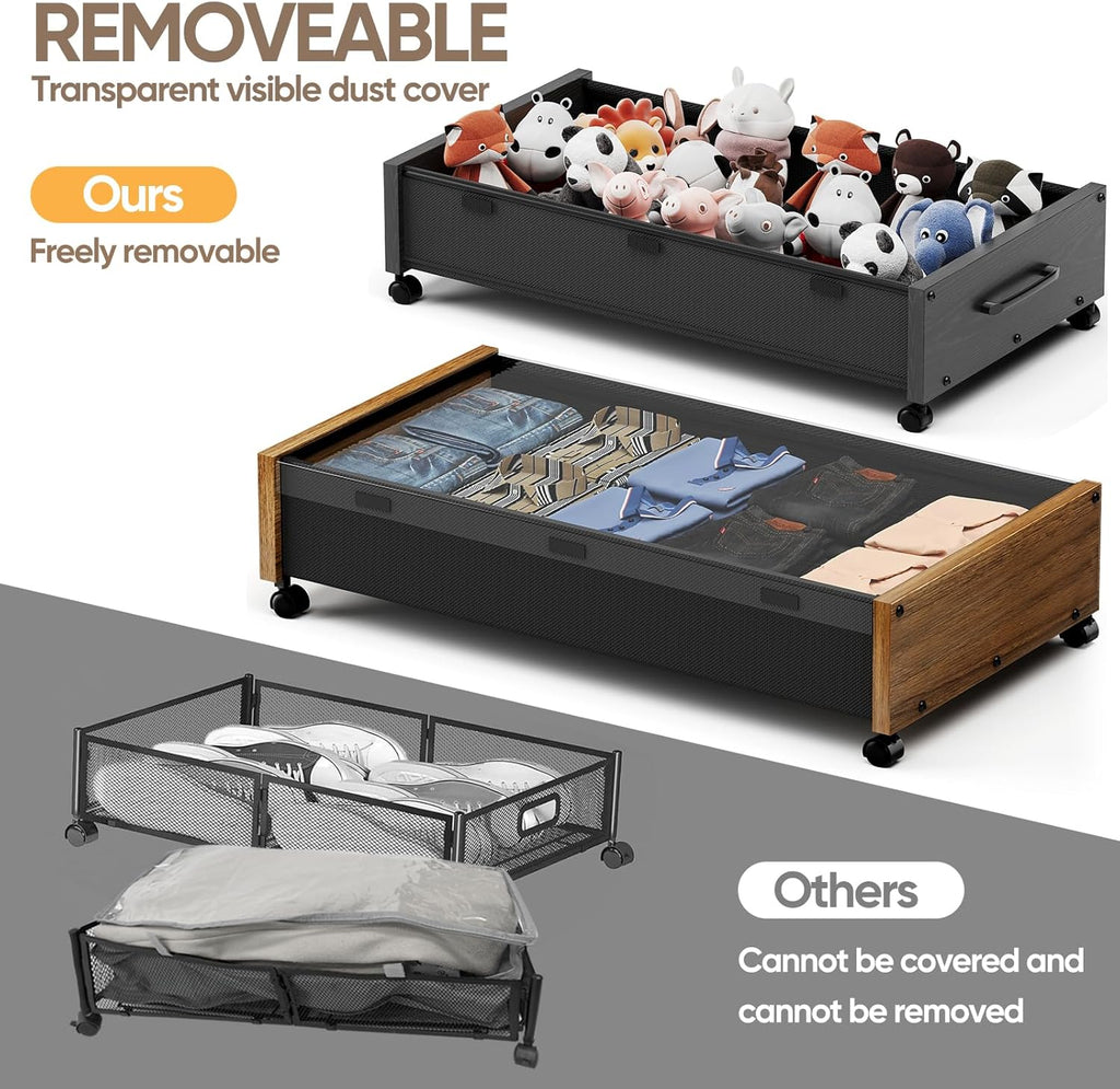 KITHELP Under Bed Storage with Wheels, Under Bed Shoe Storage, Under the Bed Storage Drawers with Remove Window, Extra Large Rolling Under Bed Storage Metal Drawer for Clothes (Black Wood-1pack)
