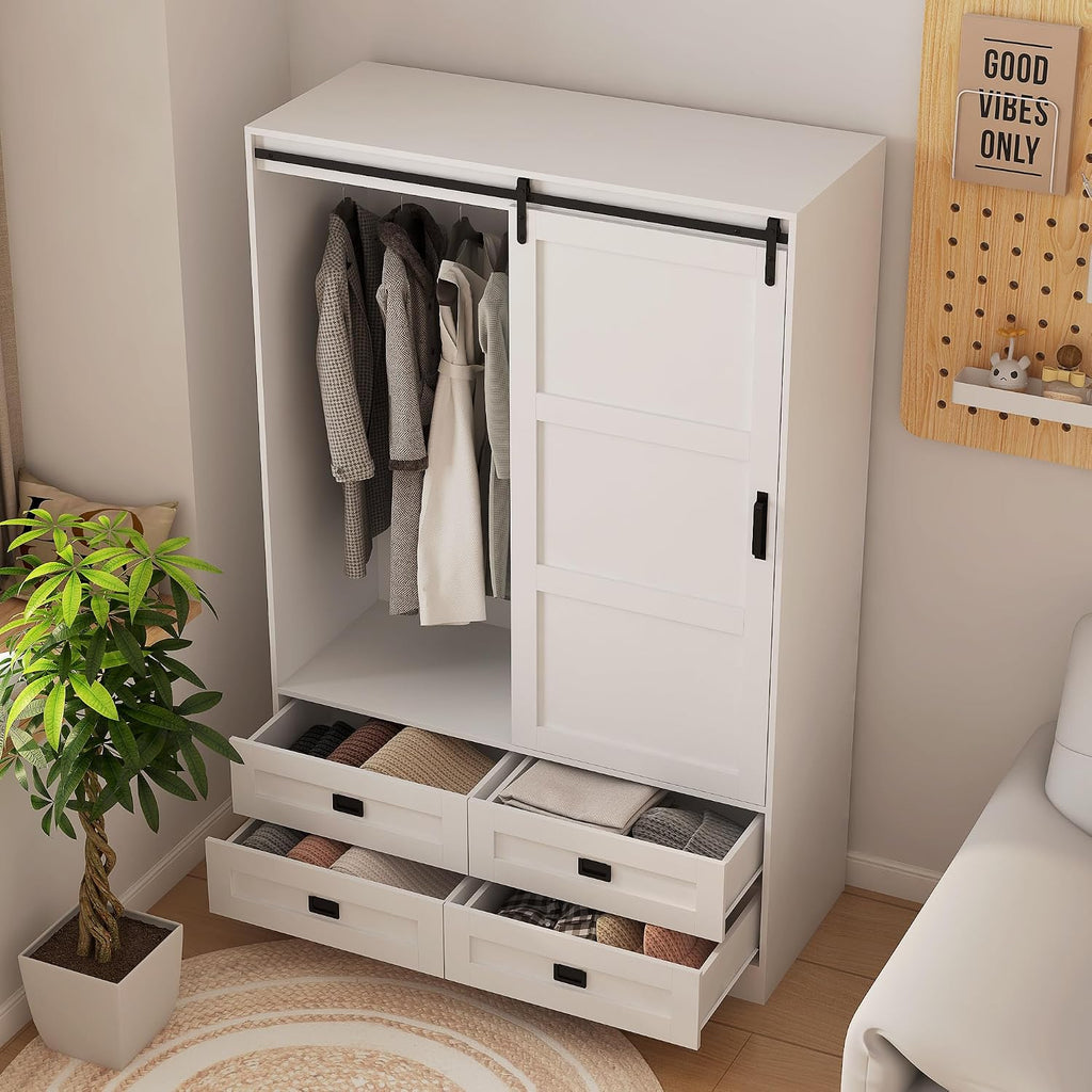 Wardrobe Closet with Sliding Barn Door, Wooden Bedroom Armoire Wardrobe Cabinet Closet with 4 Drawers, Adjustable Shelves and Hanging Rod, Bedroom Storage Closet Cabinet for Hanging Clothes, White