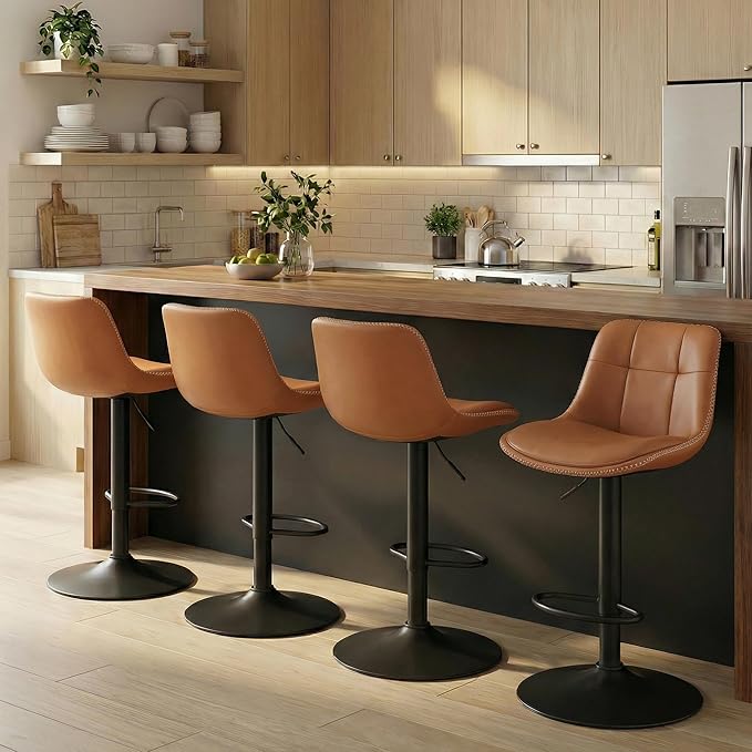 VASAGLE Bar Stools, Set of 4 Swivel Bar Chairs, Adjustable Height, Quilt, Synthetic Leather Kitchen Stools with Back and Footrest, Dining Room, Counter, Steel, Caramel Brown ULJB095KN01-2J